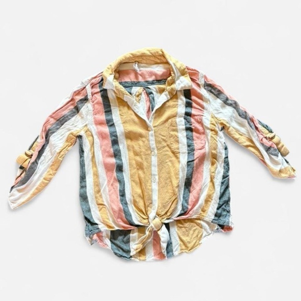 Olive + Oak Striped Button Up Shirt Women's Casual Tie Front Roll Tab Sleeve